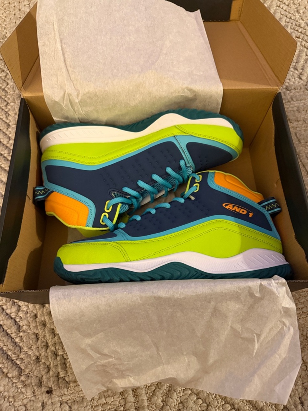 And1 Mens Pulse 2.0 TPR Neon Green, Navy & Teal High-Top Sneakers